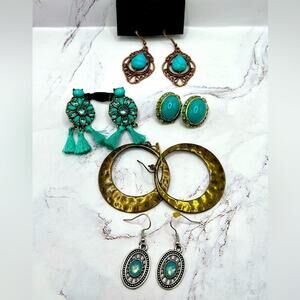 5 pairs of faux turquoise silver and copper tone earrings